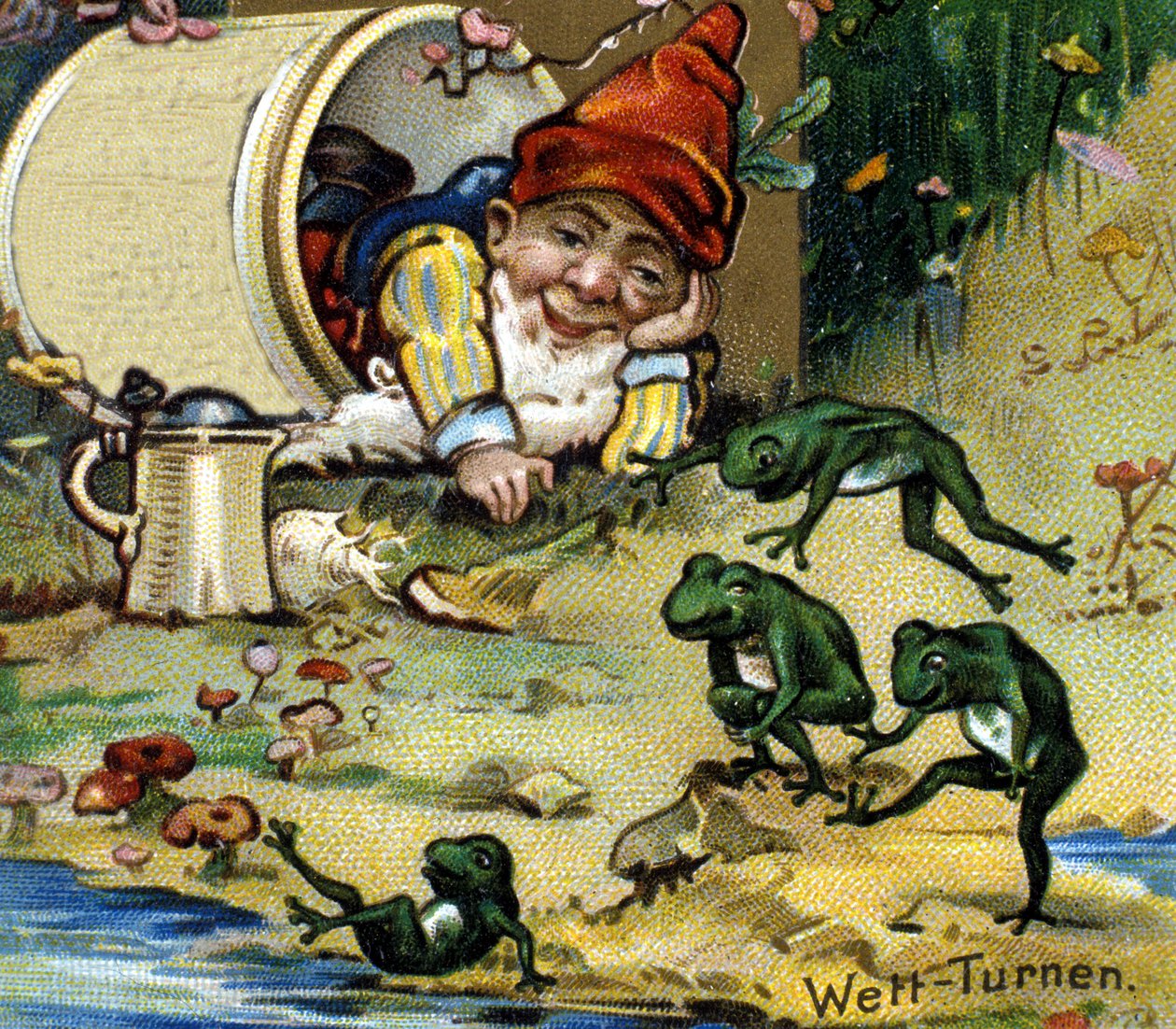 A békákkal játszó törpe vagy farfadet. 19. századi kromolitográfia. alkotó: Unknown artist