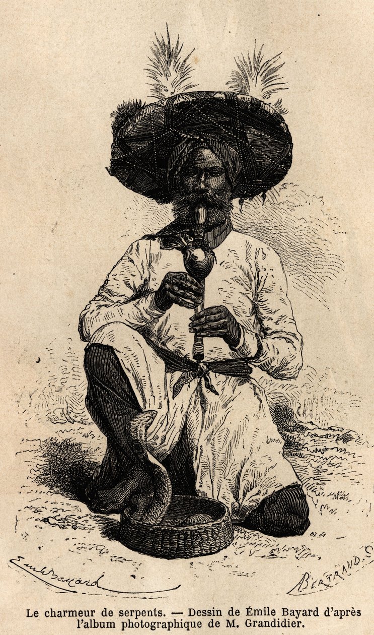 Fakír, kígyóbűvölő. Alfred Grandidier 1862-1864-es metszete India meridionális tartományaiban való utazás szemléltetésére, megjelent a „” le tour du monde”-ban, D
