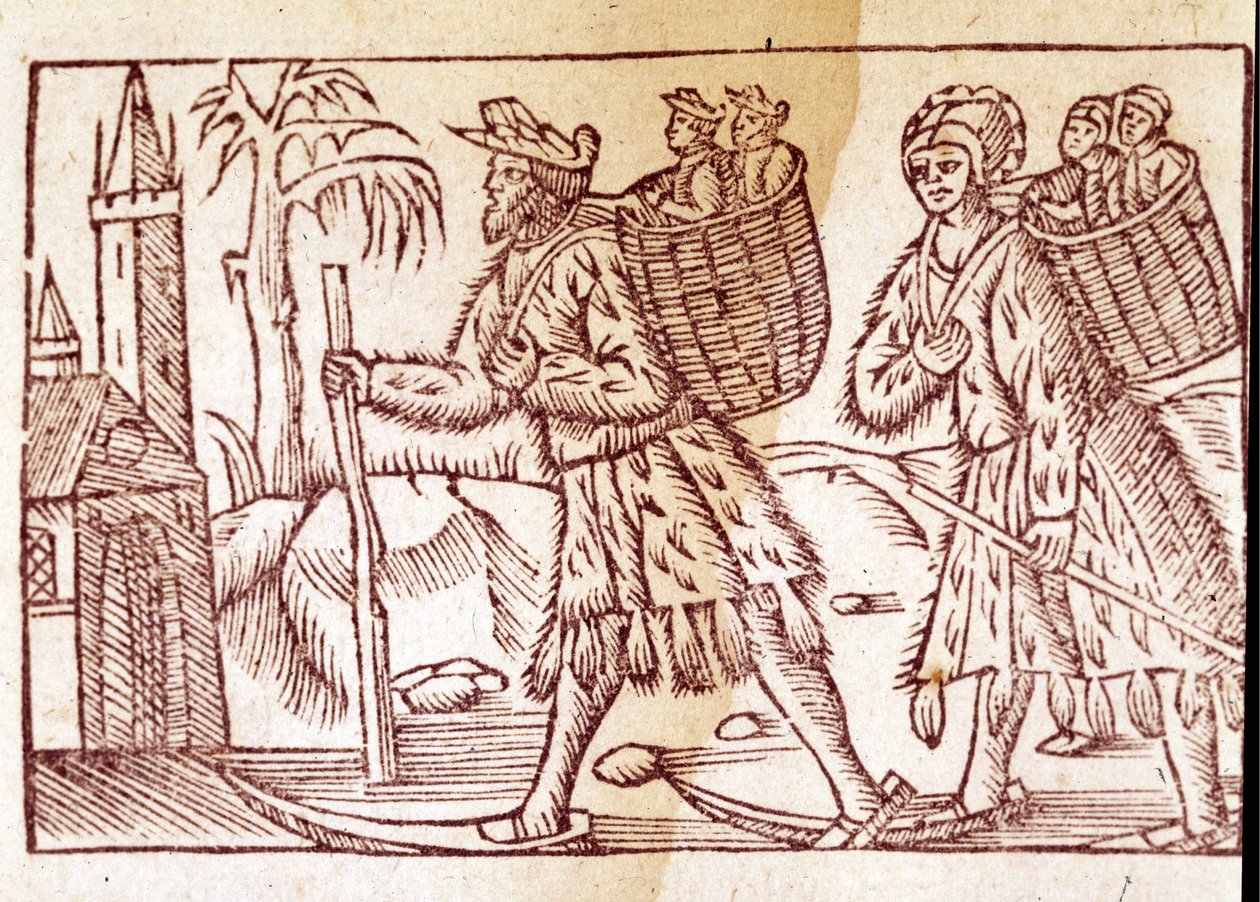 Síléceken utazó norvég család. Olaus Magnus (1490 - 1557) svéd vallás- és földrajztudós metszete, „Historia de Gentis Septentrionalibus”, Velence alkotó: Unknown artist