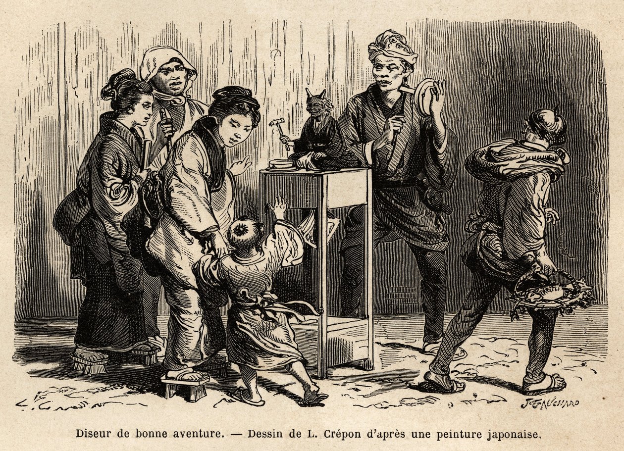 Jósnő Edo (ma Tokió) utcáin. Aime Humbert, a Svájci Államszövetség minisztere 1863-1864-es metszete a japán utazás szemléltetésére, megjelent a „le tour du monde”-ban, Edouard Charton, Hachette, Pari irányításával. alkotó: Unknown artist