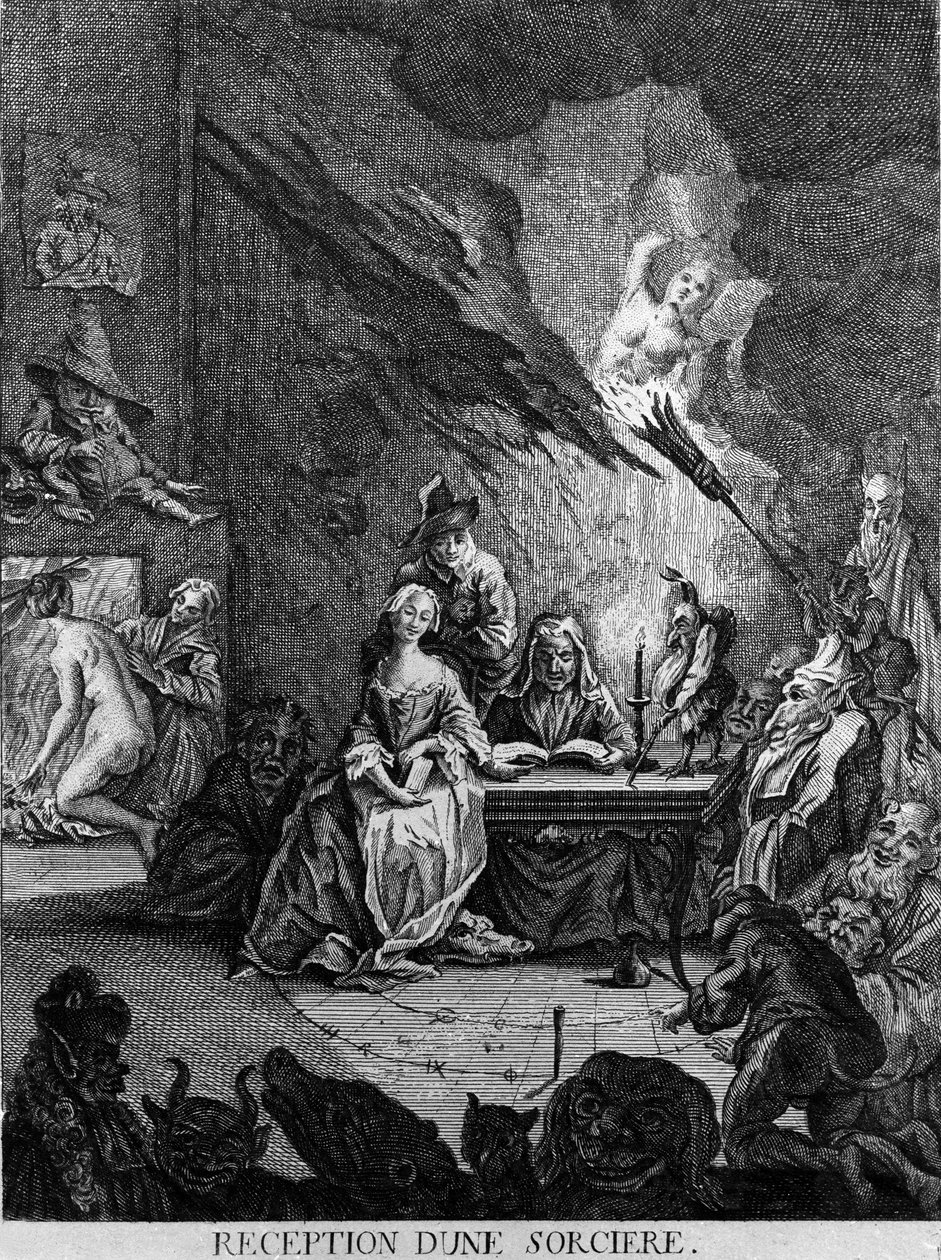 Egy lányt egy boszorkány fogad, szörnyű lényekkel körülvéve (a beavatási szertartáson?). 17. századi metszet alkotó: Unknown artist