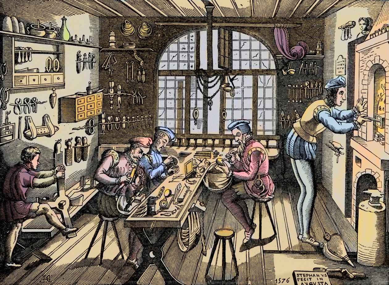 Ötvösműhely - Kézműves: Etienne Delaune (1518-1583), ötvös, francia nyomdász műhelyének képe. Metszet egy 1576-os eredeti után. Etienne Delaulne párizsi ötvös műhelye alkotó: Unknown artist