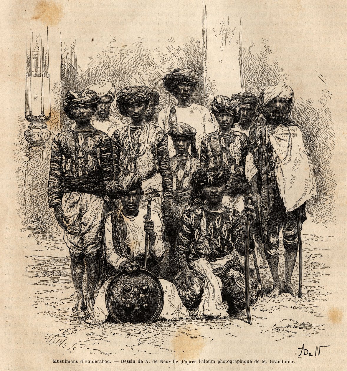 Muszlim férfiak egy csoportja a pakisztáni Haiderabadban. Alfred Grandidier 1862-1864-es metszete India meridionális tartományaiban való utazás szemléltetésére, megjelent a „le tour du monde”-ban, D