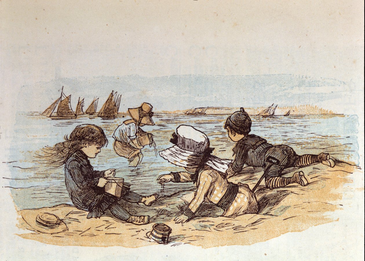 Egy csapat gyerek játszik a víz mellett a homokon. 1881 alkotó: Unknown artist
