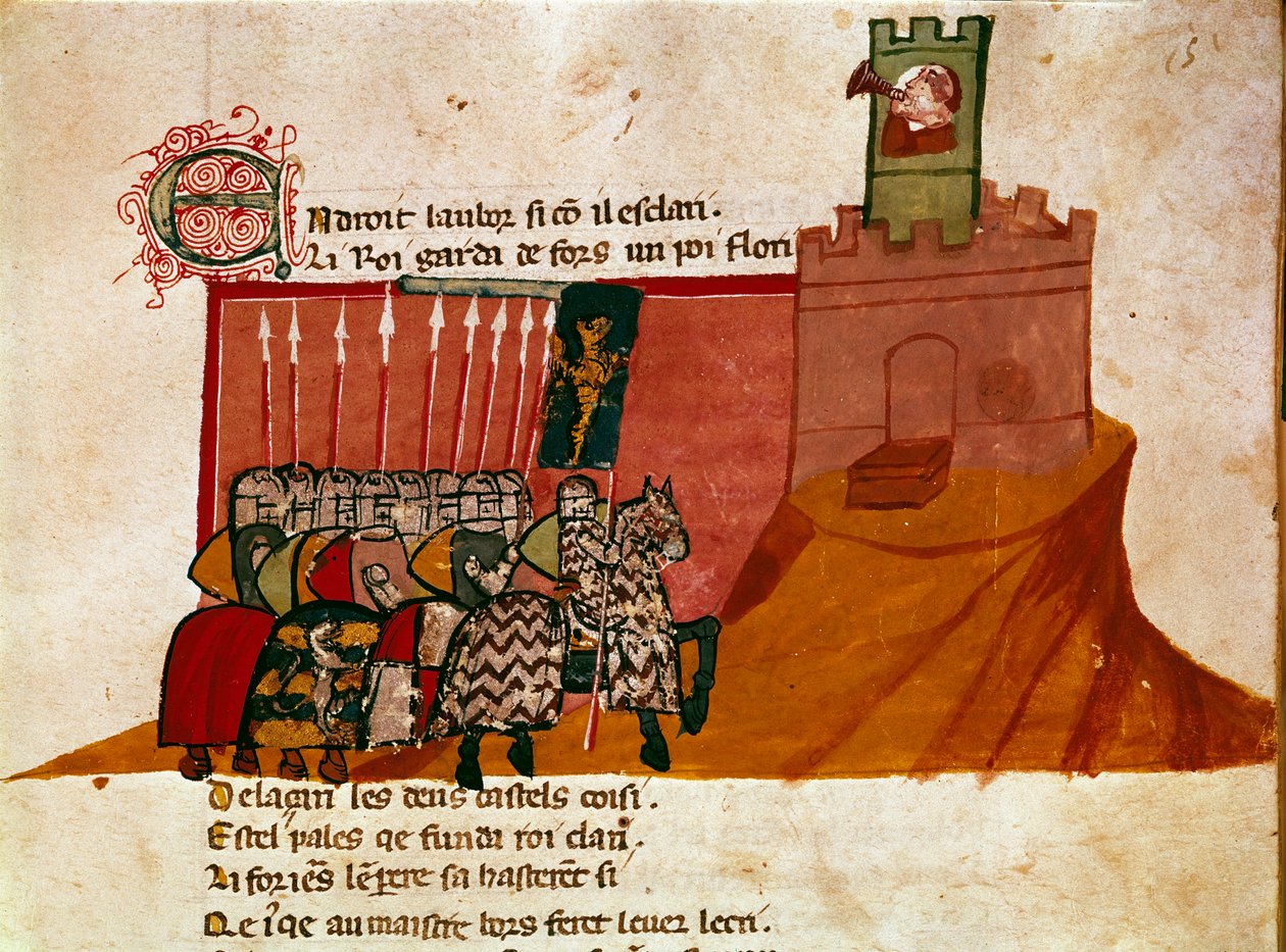 Egy csapat franklovag érkezik egy miniatűr kastélyba „Spanyolország Entree-jából”. 14. századi Velence, Biblioteca Marciana. alkotó: Unknown artist