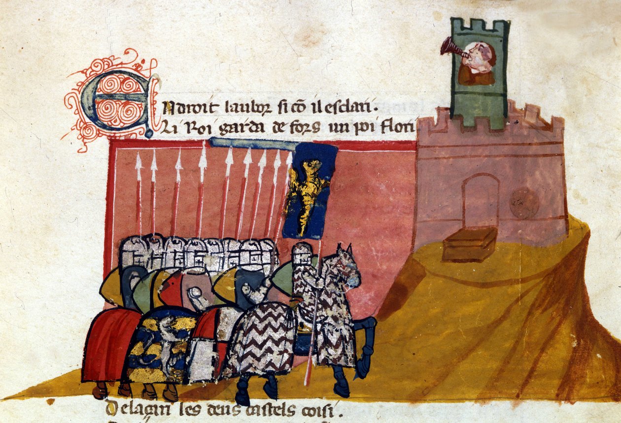 Őszinte lovagok csoportja érkezik egy kastélyba. Miniatűr az „Etree of Spain”-ból”. 14. századi Velence, Biblioteca Marciana. alkotó: Unknown artist