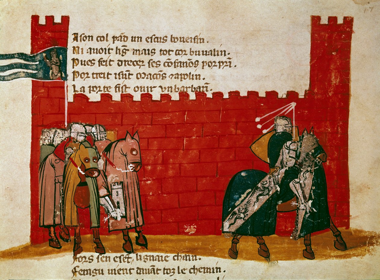 Egy csoport lovag elhagyja a miniatűr kastélyt ""Entree of Spain"-ból". 14. századi Velence, Biblioteca Marciana alkotó: Unknown artist