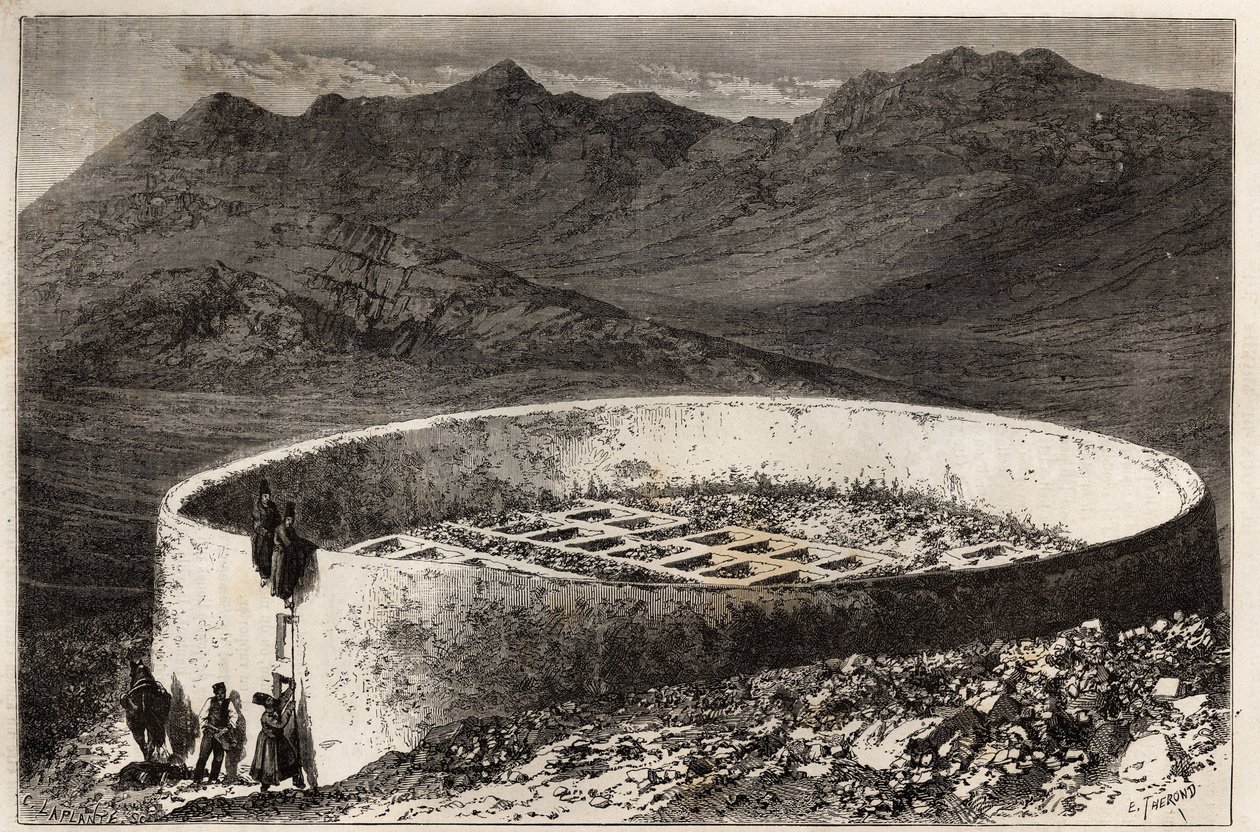 Guebra (vagy zoroasztriánus) temető Teherán (Irán) közelében, nagy torony alakú, 60 méter kerületű és 5 méter magas; a belső rész maconnált dobozokban van elrendezve, mindegyik bejáratként szolgál a boltozatokba, vagy csontokat raknak le alkotó: Unknown artist