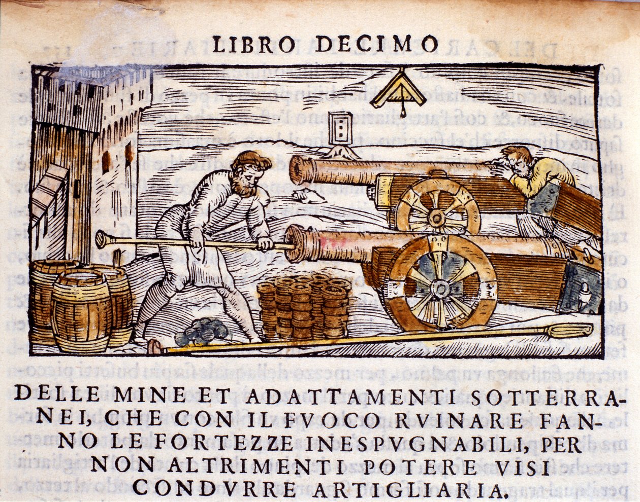 Egy tüzér, aki fegyvert tölt robbanóanyaggal. Vannoccio Biringuccio (1480-1539) „De la Pyrotechnia” (vagy Pirotechnia) kohászati fejésből készült metszete, 1550. alkotó: Unknown artist