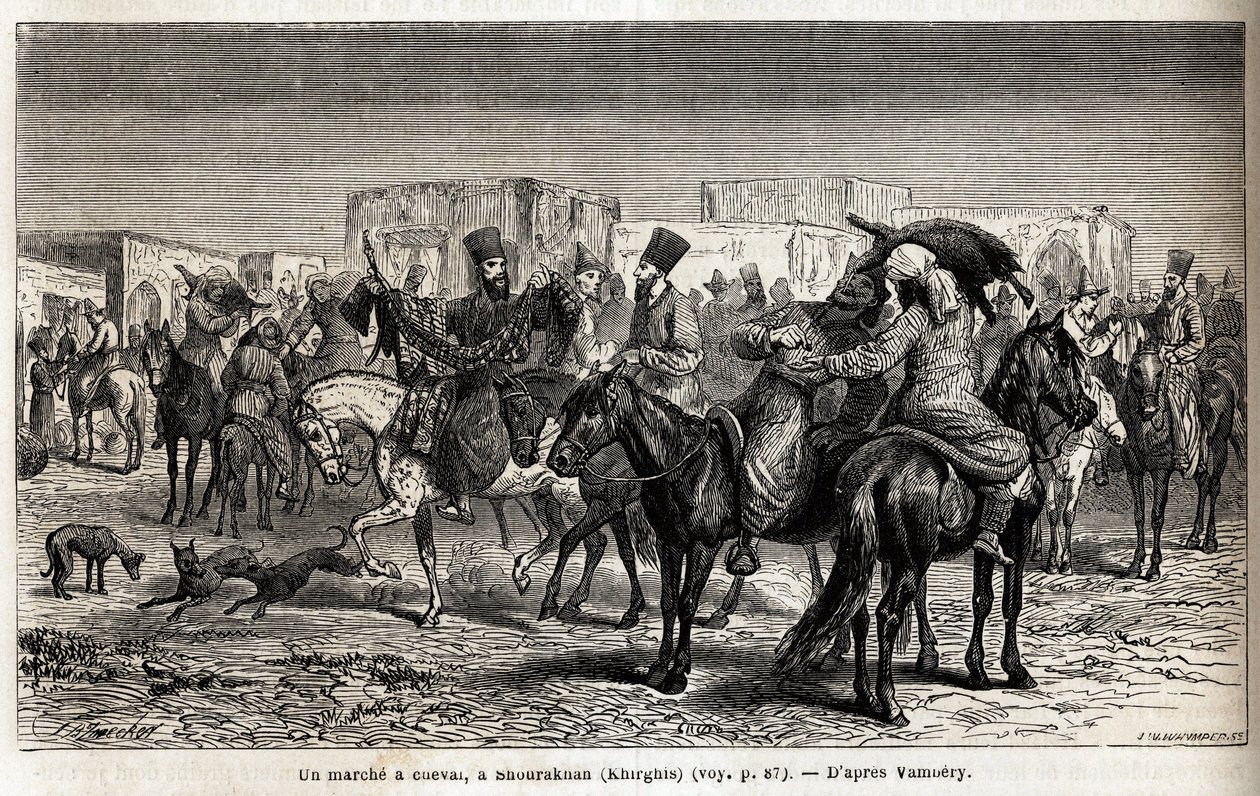 Lovas séta Shurakhanban (Kirgizisztán vagy Kirgizisztán). Emile Bayard (1837-1891) rajza, Arminius Vambery (dervisbe öltözött magyar tudós álruhája) 1863-as közép-ázsiai utazásának illusztrálására. Gravírozás az Edou által szerkesztett „” Le tour du monde” alkotó: Unknown artist
