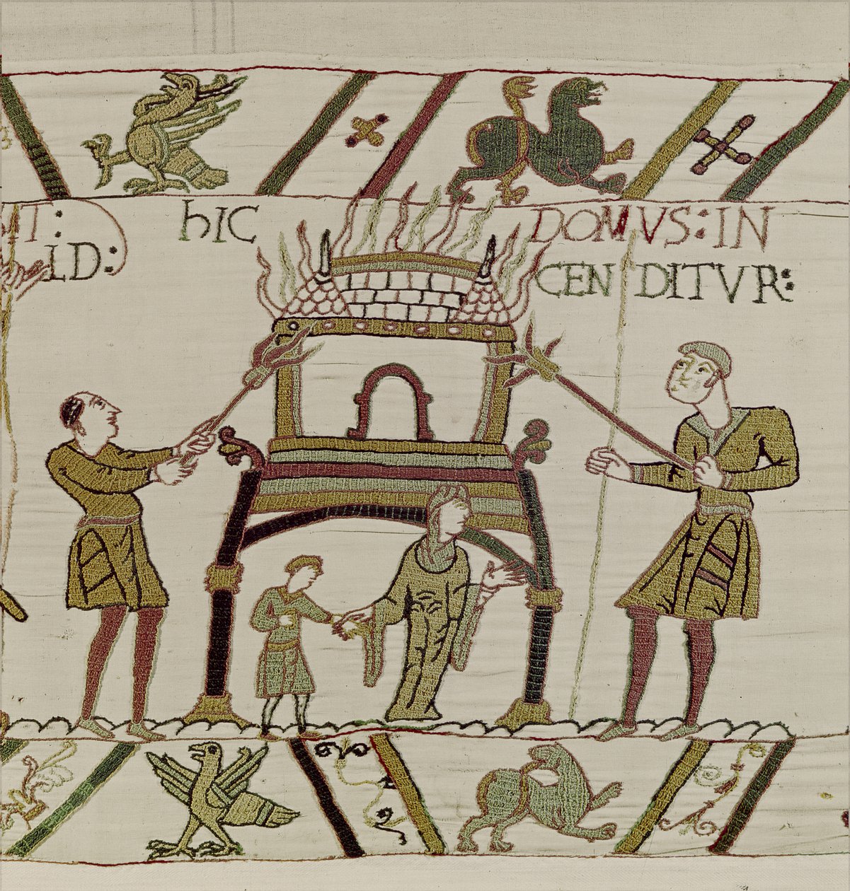 Egy házat felgyújtottak a normannok, Bayeux gobelin (gyapjú hímzés vászonra) alkotó: Unknown artist