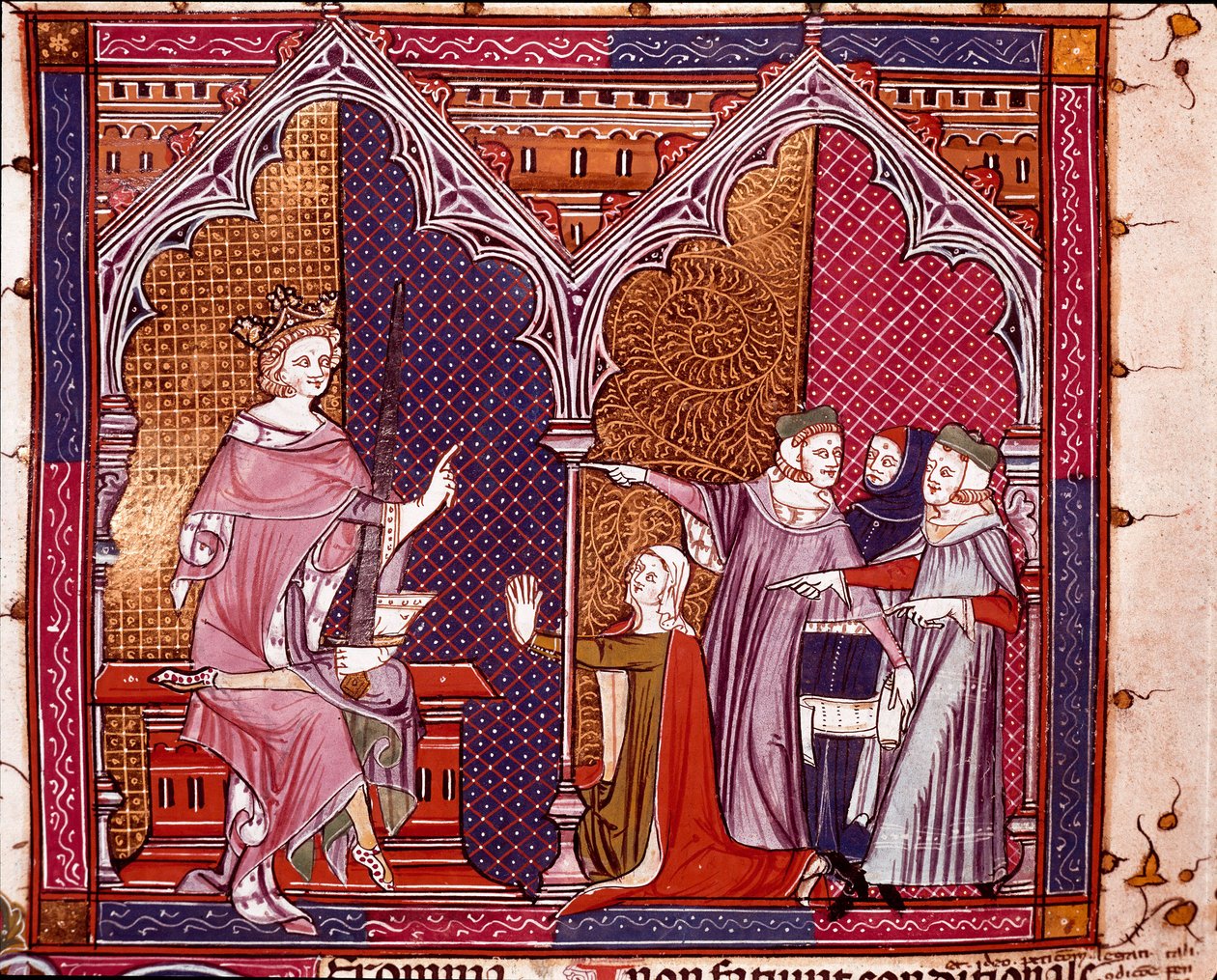 Egy igazságszolgáltatást végrehajtó király Miniatűr a „Justiniani in Fortiatum”-ból” Az Escorial kolostor 14. századi királyi könyvtára, Spanyolország alkotó: Unknown artist