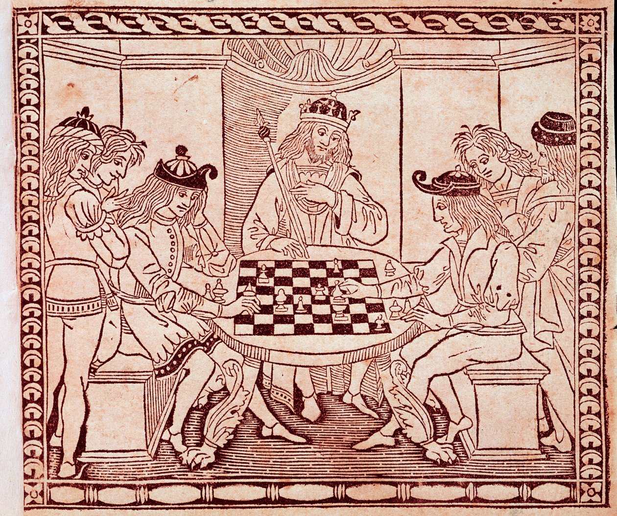 Király sakkjátszmát néz Xilográfia Jacopo de Cessoles „De Ludo Scorcorum” című művének előlapjáról (14. század) Velence Biblioteca Marciana alkotó: Unknown artist