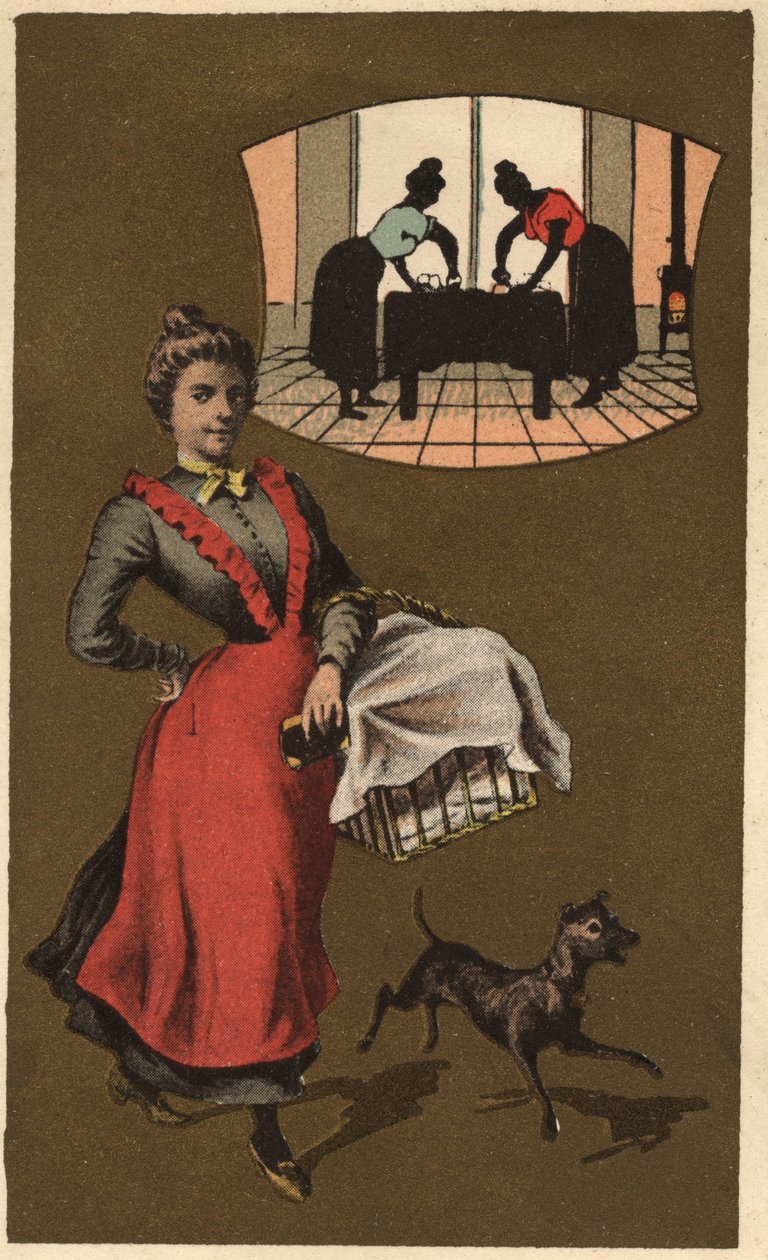 Mosógép, amely kosárban szállítja a szennyest. Névtelen kromolitográfia, 19. század vége. alkotó: Unknown artist