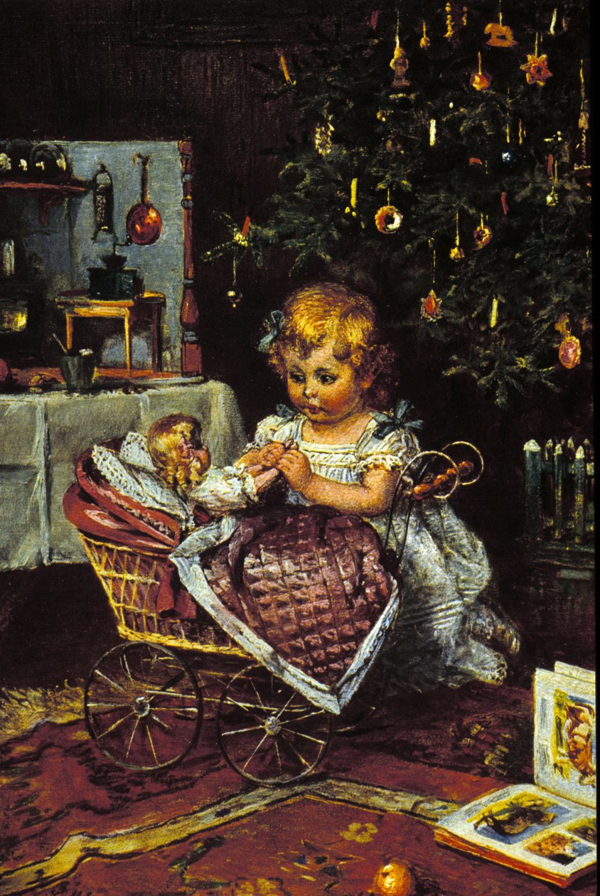 Egy kislány felfedezi a babát és a babakocsit a karácsonyfa alatt. 19. század alkotó: Unknown artist