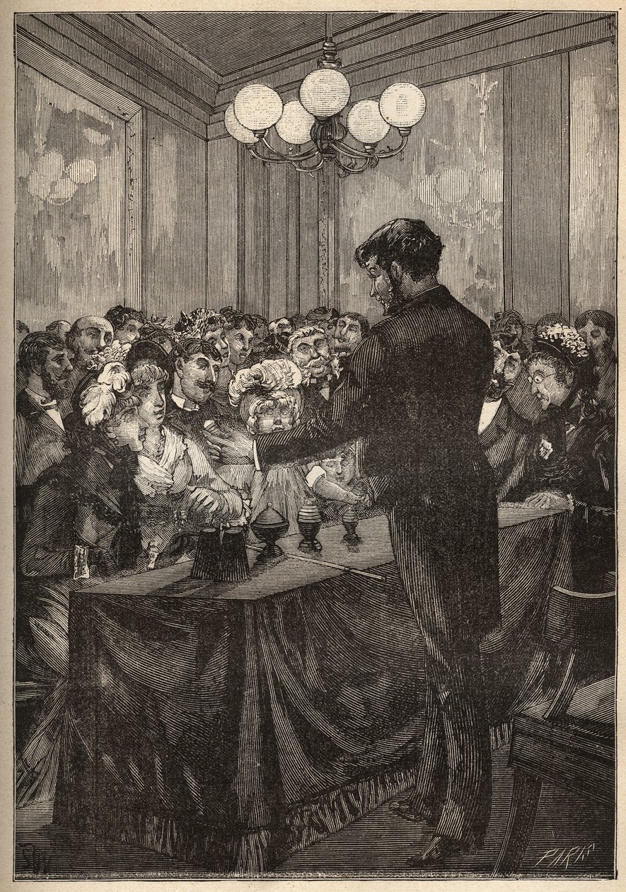 Egy bűvész, aki szerecsendió-dobozt használ, hogy megjelenjen és eltűnjön egy labda. Metszet 1885-ből Adolphe BITARD „” Les arts et metiers illustres” című könyvébe. alkotó: Unknown artist