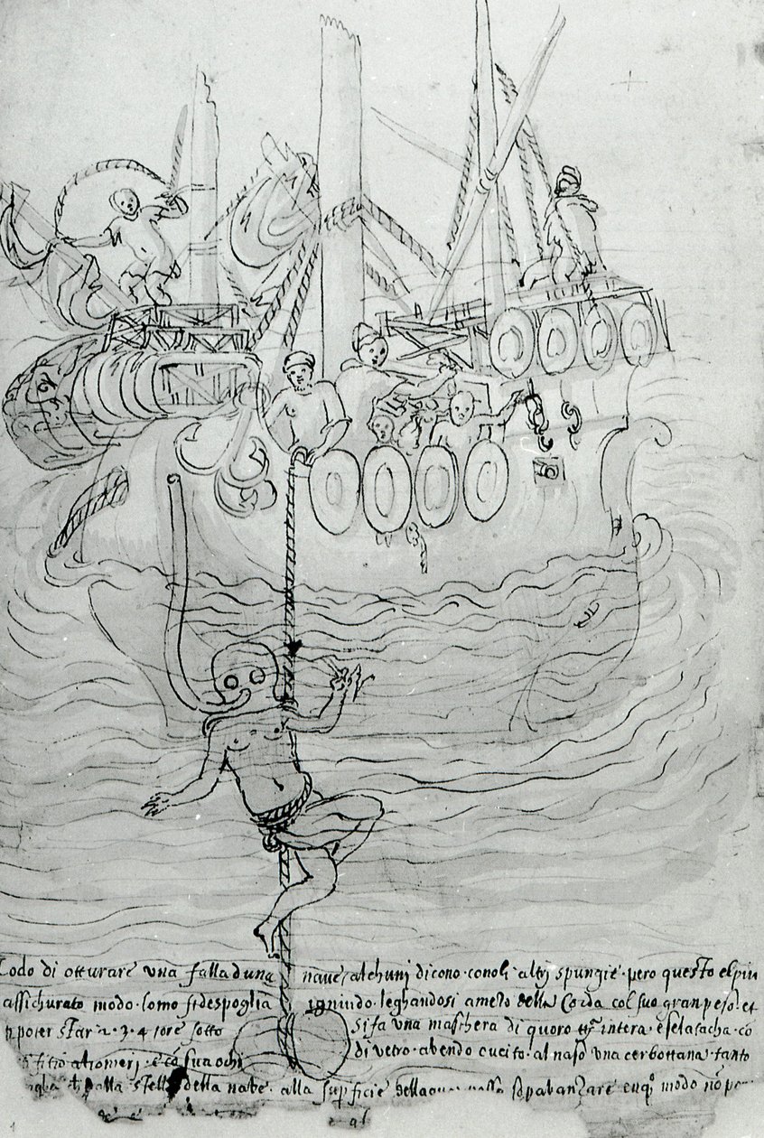 Egy férfi maszkkal próbálja megjavítani egy csónak törzsét. alkotó: Unknown artist