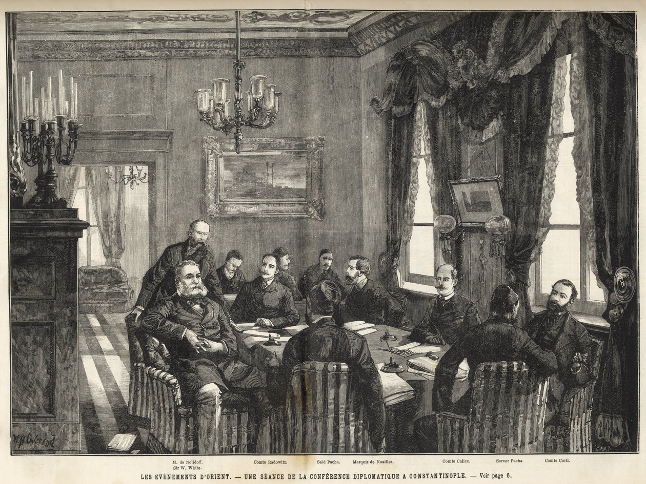 A Konstantinápolyi Európai Konferencia találkozója Szerbia-bolgár háború, Törökország - Szerb-bolgár háború - A konstantinápolyi diplomáciai konferencia ülése - 1885 - az 1886-os jeles univerzumban (Nalidov Sándor (Nelidoff) (1835-1910)) alkotó: Unknown artist