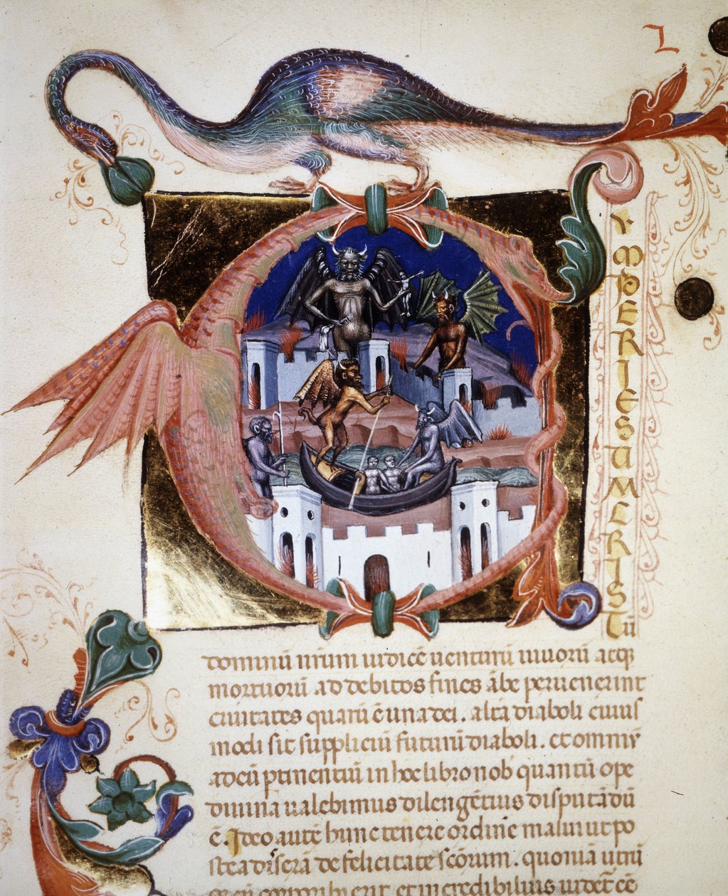 Egy miniatűr „A” betű, amely az ördög városát ábrázolja. Szent Ágoston 14. századi „De Civitate Dei” kézirata. Rimini Városi Könyvtár alkotó: Unknown artist