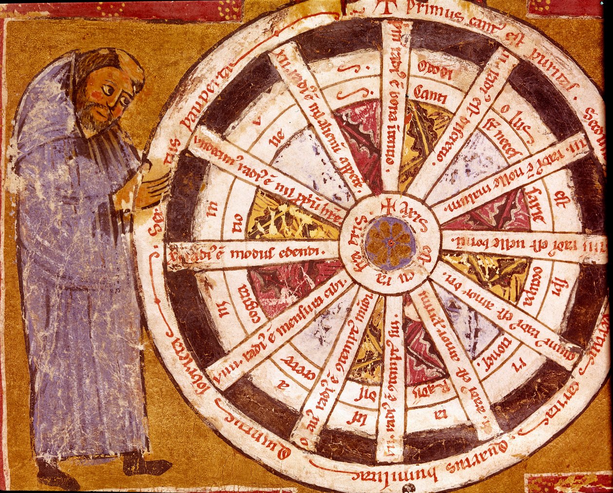 Egy szerzetes a vallási élet kereke közelében Miniatűr Hugo de Sancto Victore (Szent Viktor Hugh) (kb. 1096-1141) „műveiből” 12. századi Biblioteca Governativa, Cremona alkotó: Unknown artist