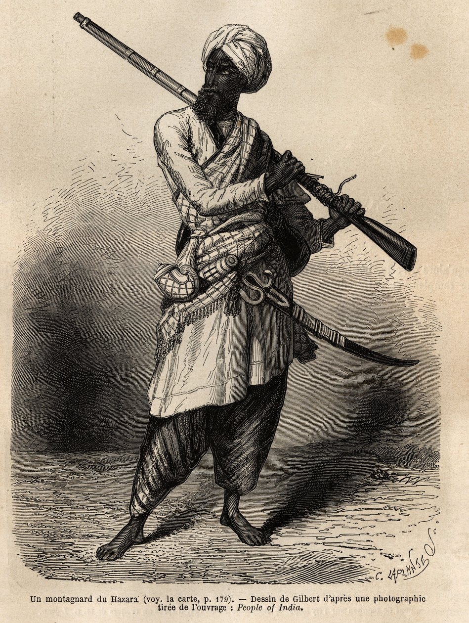 Egy hegymászó Hazarából (Punjab, India). Metszet a panddzsábi és kasmíri utazás szemléltetésére, Guillaume Lejean története 1866-ban, amelyet a „Le tour du monde, nouveau Journal des voyages” jelent meg Edouard Charton irányítása alatt. alkotó: Unknown artist