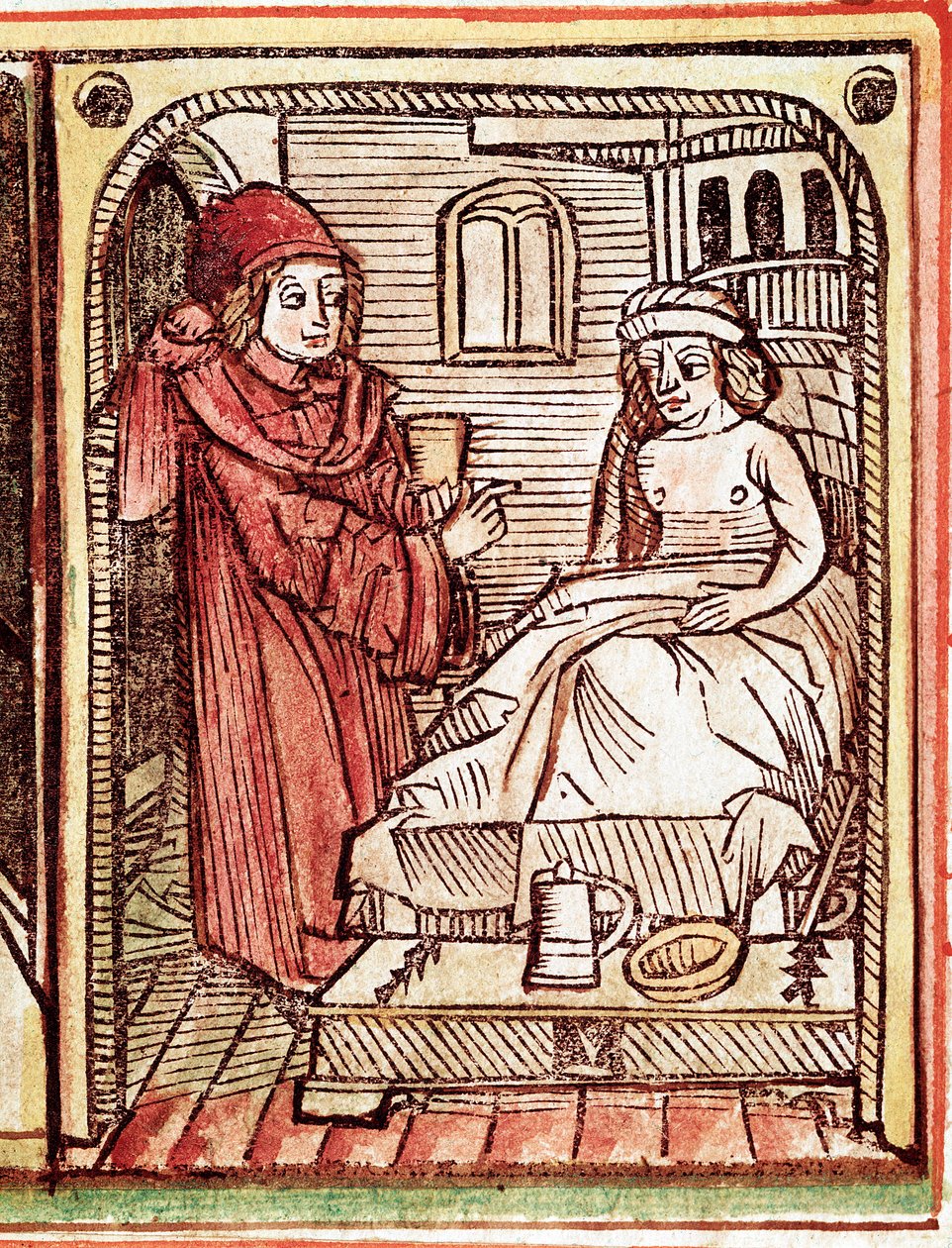 Egy orvos gyógynövényekkel készült kezelést ad betegének. Metszet a „Tractatus de pestilentia”-ból” 15. század - Prága, Nemzeti Könyvtár alkotó: Unknown artist