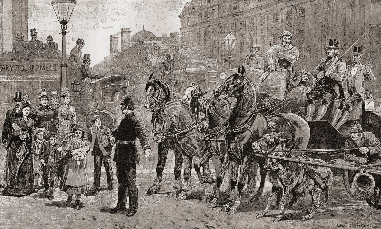 Egy rendőr megállítja a forgalmat egy forgalmas gyalogátkelőhelyen, hogy a gyalogosok átkelhessenek az úton, London, Anglia alkotó: Unknown artist