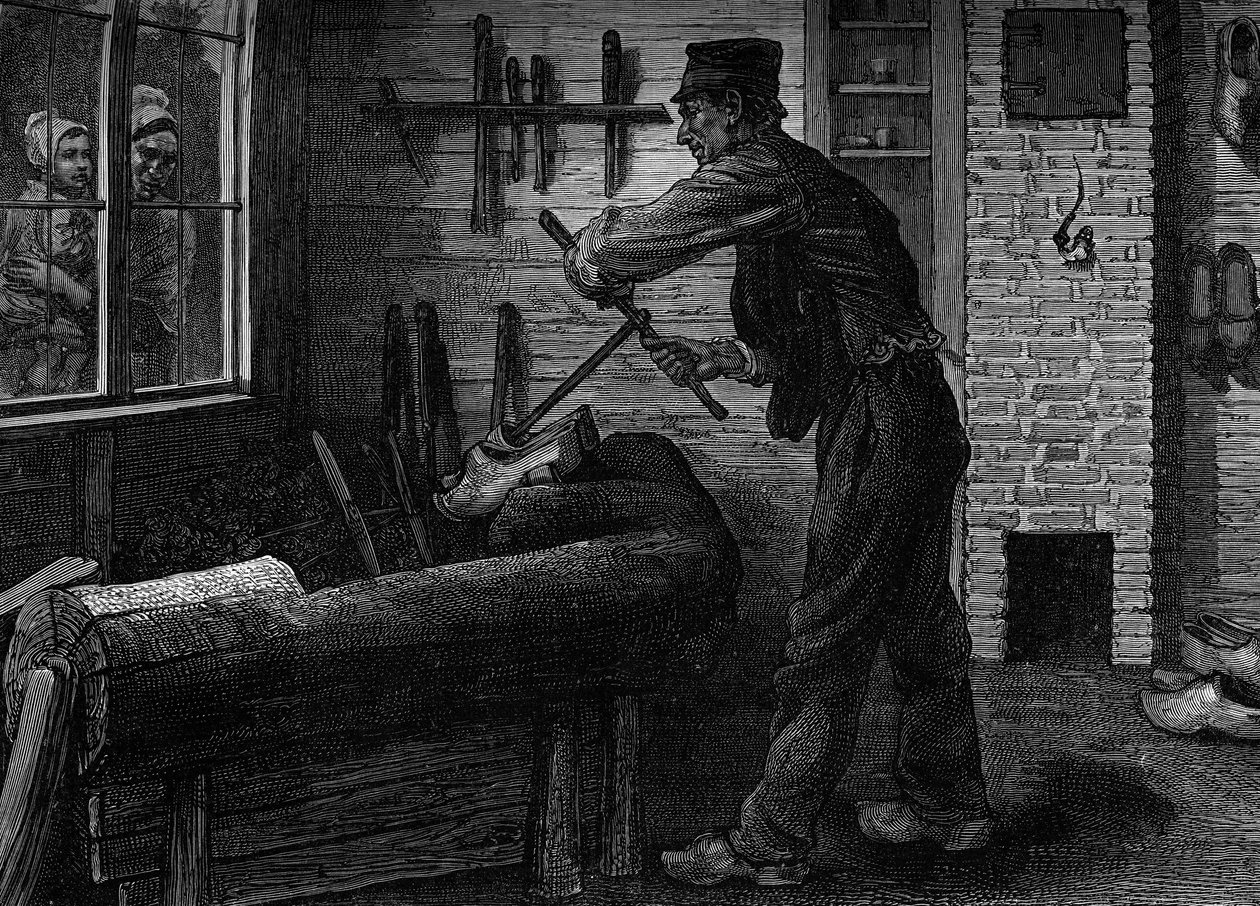 Egy szabotőr dolgozik belgiumi műhelyében, metszet a „” la jeunesse” folyóiratban” alkotó: Unknown artist