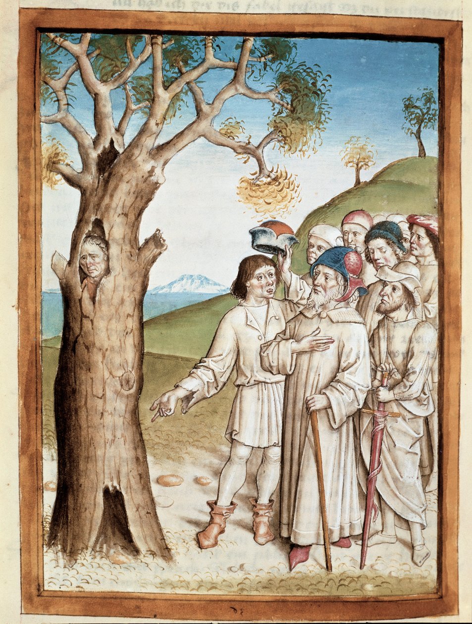 Egy kereső ember egy miniatűr fatörzsben bújik meg Bidpai „Kalila (Calila) és Dimna” meséinek német fordításából. (ms. 1389, fol. 36) 1480 körül Chantilly, musee Conde alkotó: Unknown artist