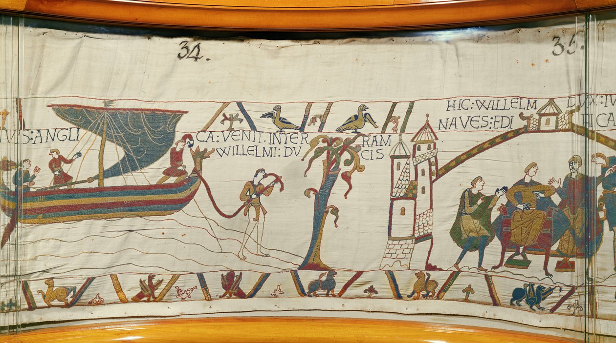 Normandiában egy hajó leszáll Harold koronázásáról, Bayeux Tapestry (gyapjú hímzés vászonra) alkotó: Unknown artist
