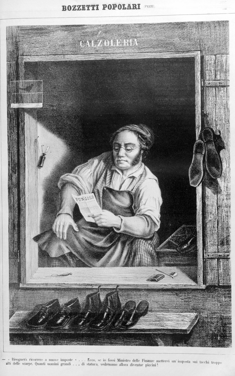 Egy cipész a 19. században: Ha túl magasra vetnénk az adót a sarkú cipőkre, hány magas férfi lesz kicsi... alkotó: Unknown artist