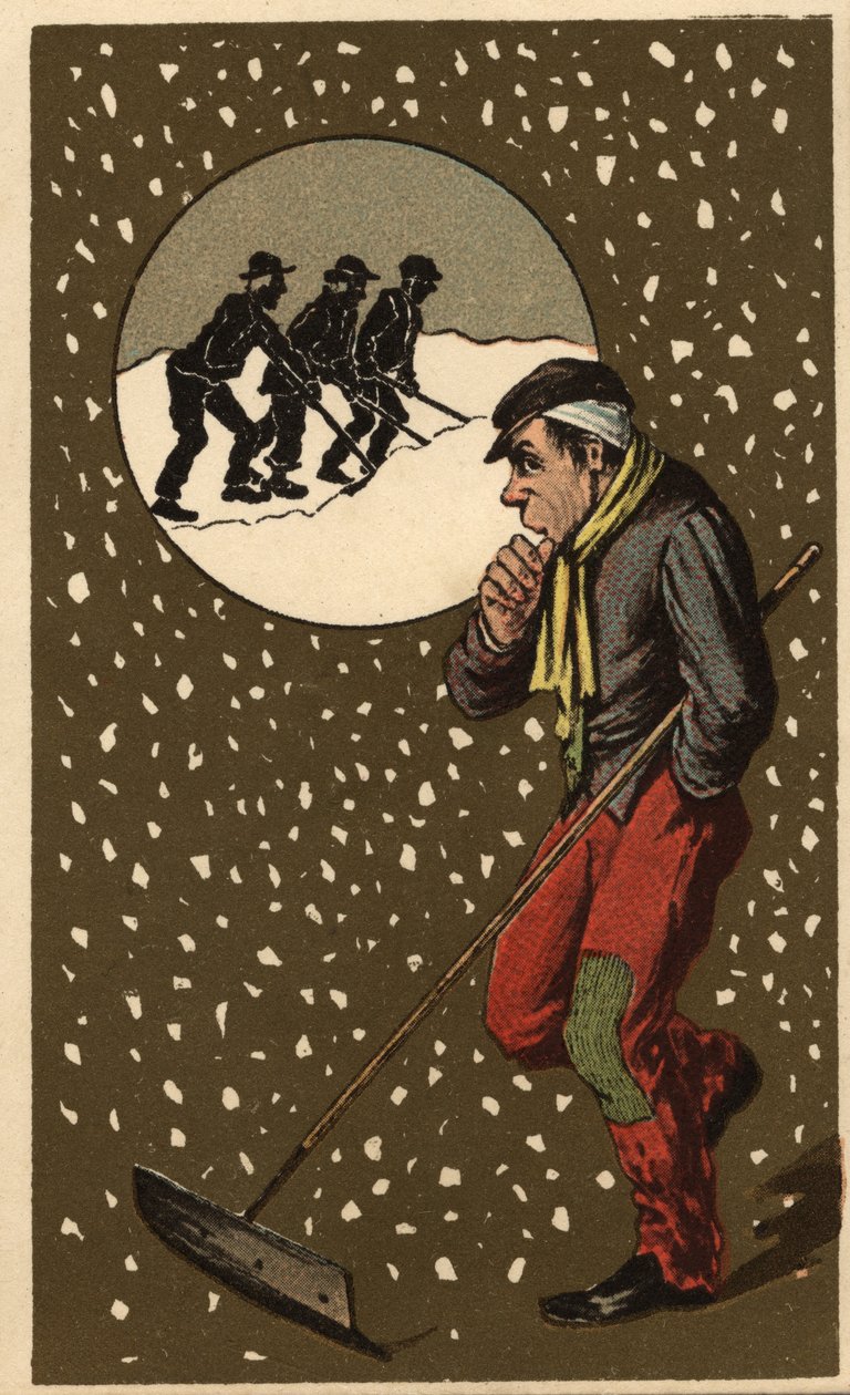 Egy hógyűjtő a lapátjával. Névtelen kromolitográfia, 19. század vége. alkotó: Unknown artist