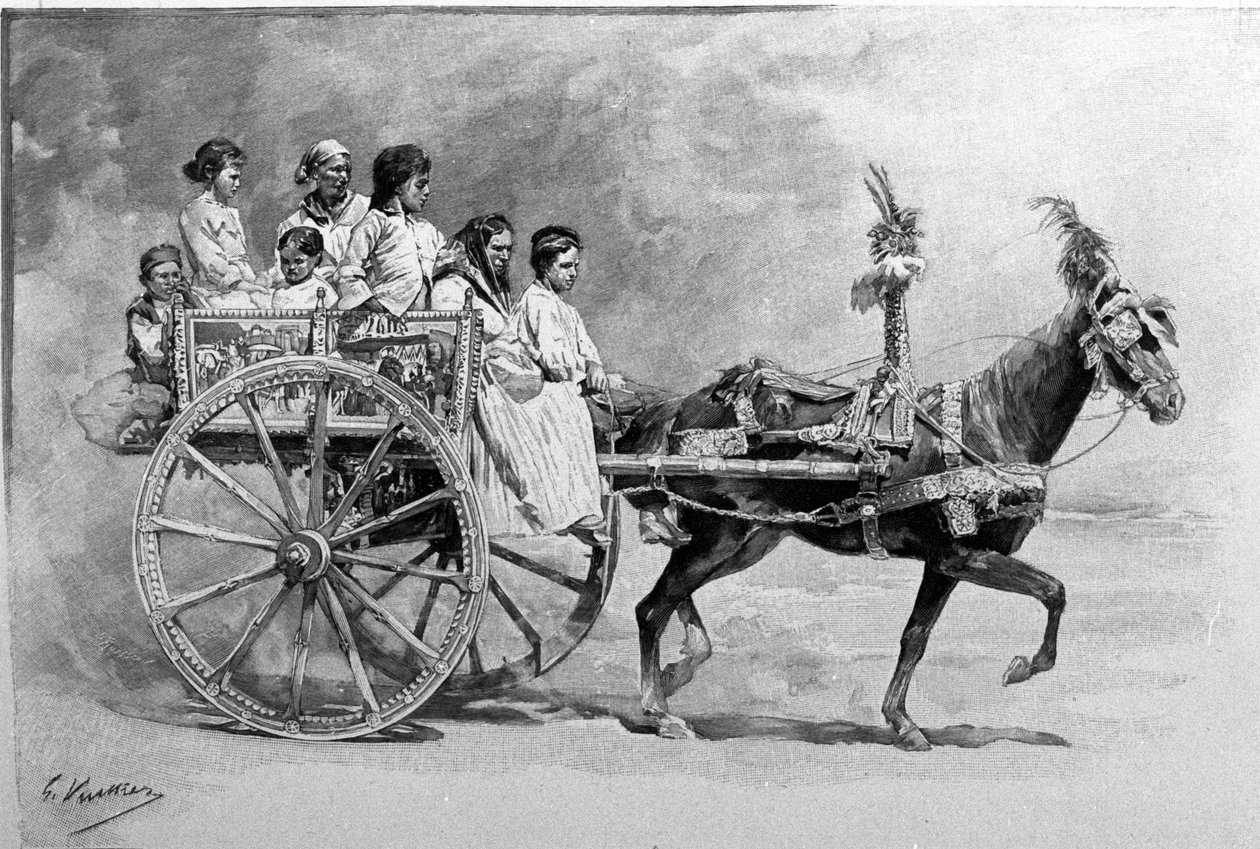 Hagyományos szicíliai kocsi. 19. századi metszet alkotó: Unknown artist
