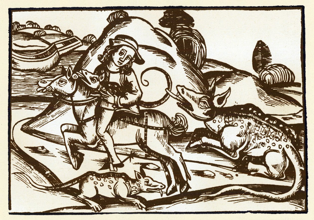 Egy utazó találkozik két szörnyeteg tigrissel, akik a bazilikára hasonlítanak. Esope meséi (metszet, XV. század vége) alkotó: Unknown artist