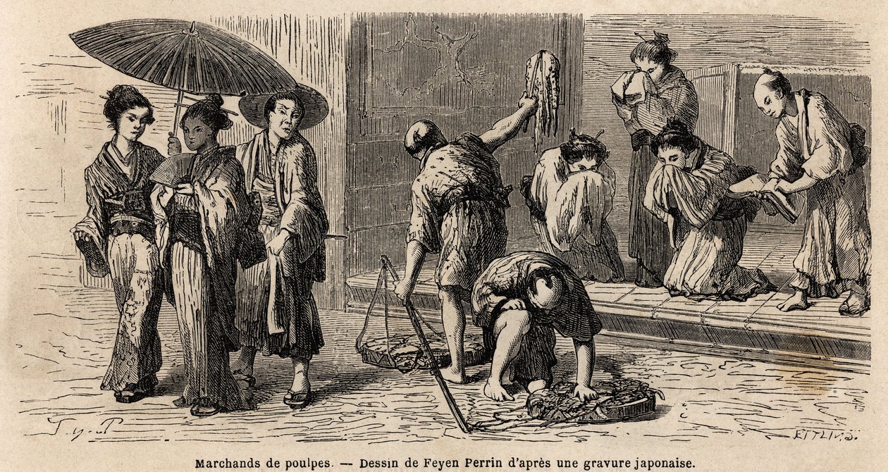 Egy utazó polipkereskedő kínálja termékeit a járókelőknek az Edo Streeten (vagy Yedo Streeten, ma Tokióban). Aime Humbert, a Svájci Államszövetség miniszterének 1863–1864-es japán utazását illusztráló metszet a „Le tour du monde, nouveau Journal”-ban. alkotó: Unknown artist