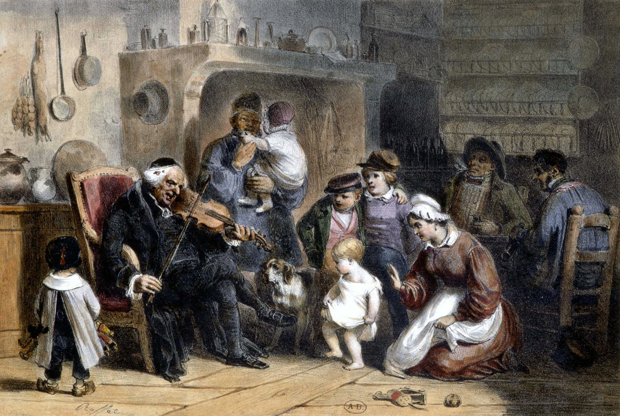 Virrasztás: a család egy hegedűn játszó pap körül gyűlt össze. 19. század. alkotó: Unknown artist