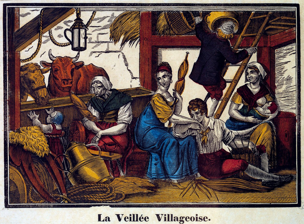 Falusi éjszakai élet: parasztcsalád egy pajtában. századi metszet. Paris, B.N. alkotó: Unknown artist