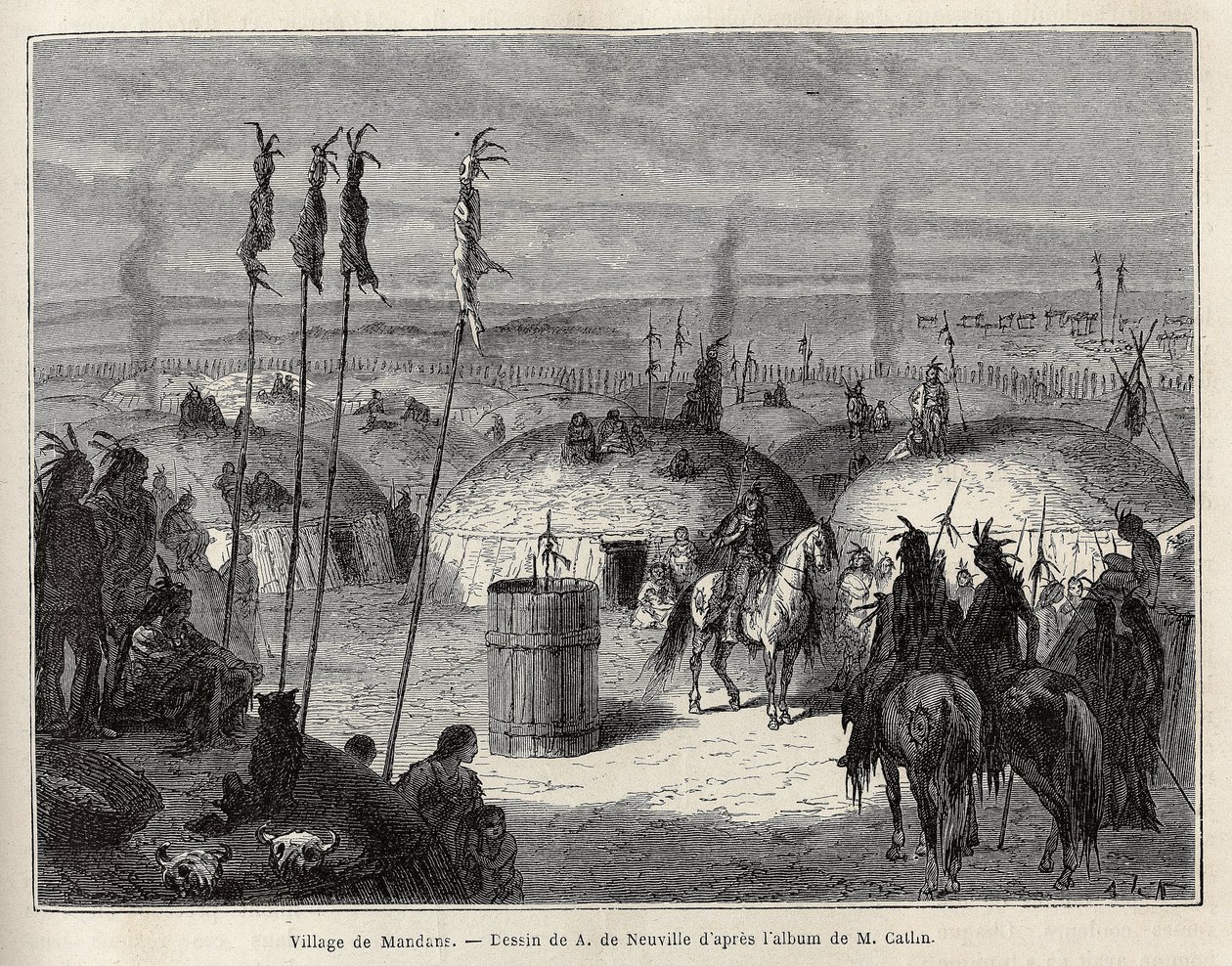 Mandans indiánok (vagy noumah ka kie: fácánok) faluja Missouri bal partján, 600 liga távolságra Saint Louis városától. Metszet a kolumbiai és felső-missouri medencék indián törzsei közötti kirándulás szemléltetésére, G. Catlintől, 1. alkotó: Unknown artist