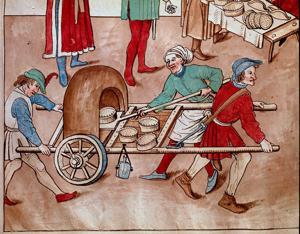 Egy sétáló pék. Miniatűr a „Konstanzi zsinat krónikájából”, Ulrich Richental (1360-1437) 1438 körülbelül Prága, Nemzeti Könyvtár alkotó: Unknown artist