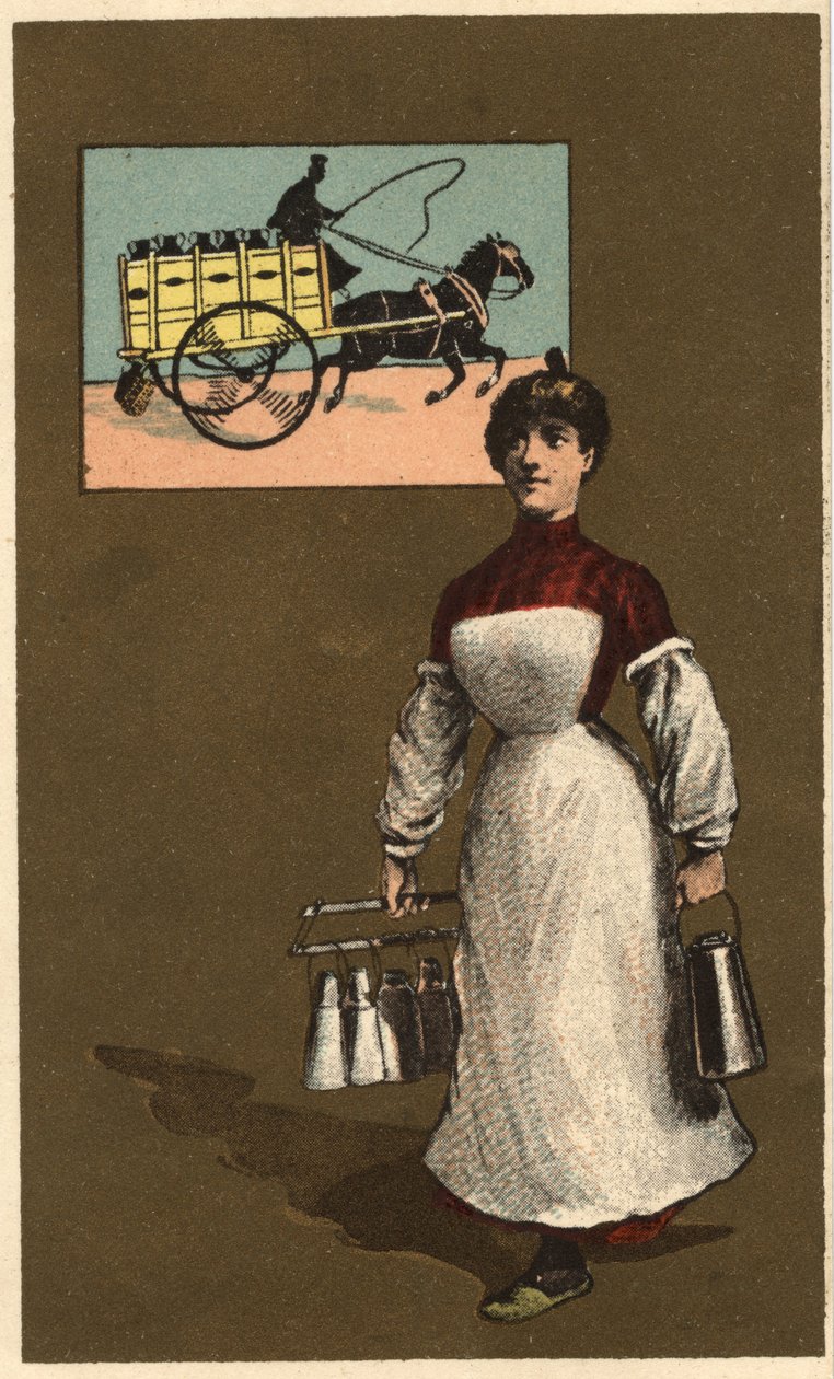 Sétáló tejkereskedő (szállító vagy tejüzem). Névtelen kromolitográfia, 19. század vége. alkotó: Unknown artist