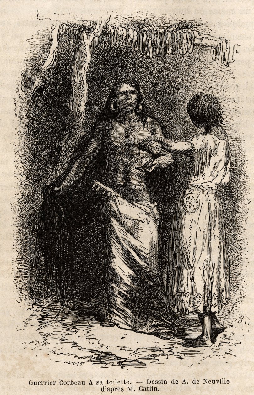 A varjú indián törzs (varjak) harcosa, a Lewis folyó mentén él, és vécét csinál. G. Catlin 1855-ös metszete Kolumbia és Felső-Missouri medencéi indián törzsei között tett kirándulást szemléltetve, megjelent a „le tour du monde”-ban. alkotó: Unknown artist