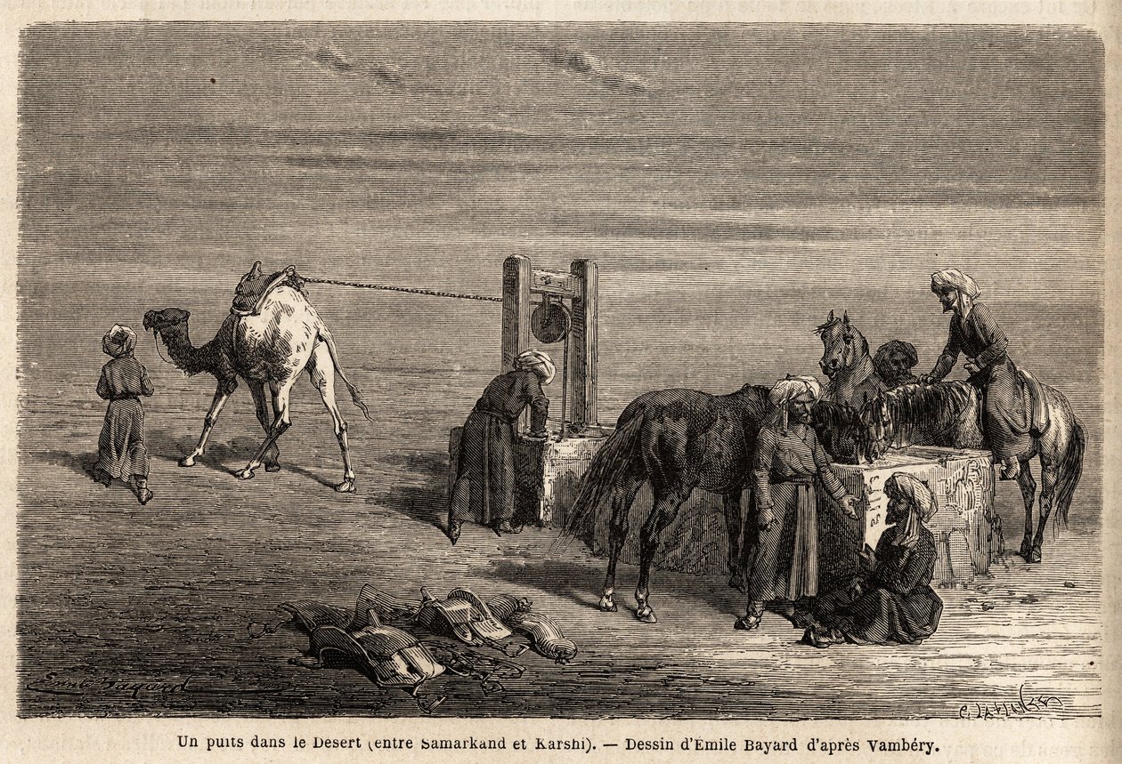 Kút a sivatagban, Szamarkand és Karshi (a mai Üzbegisztán városai) között. Emile Bayard (1837-1891) rajza, Arminius Vambery (dervisbe öltözött magyar tudós álruhája) 1863-as közép-ázsiai utazásának illusztrálására. Metszet „” L betűvel alkotó: Unknown artist