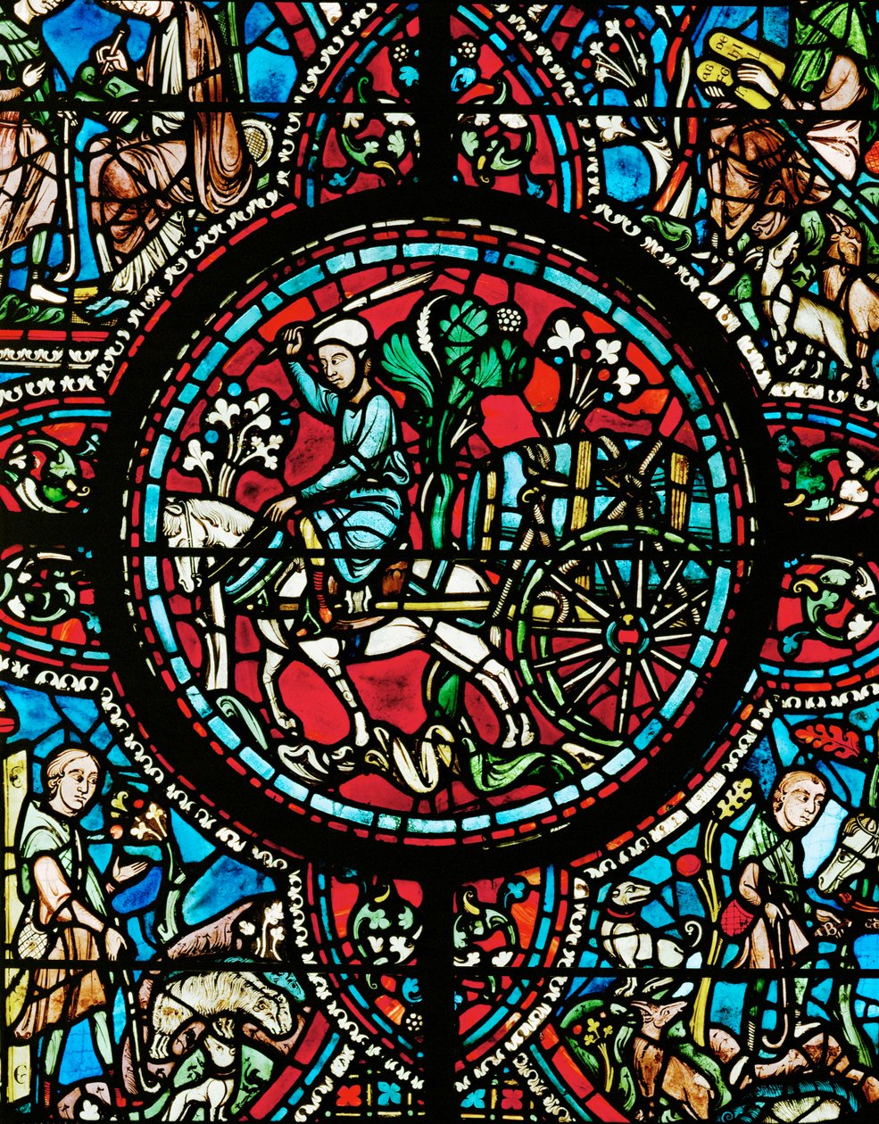 Egy borász hordó bort szállít, erős kötéllel a szekérhez kötve (ólomüveg) alkotó: Unknown Artist