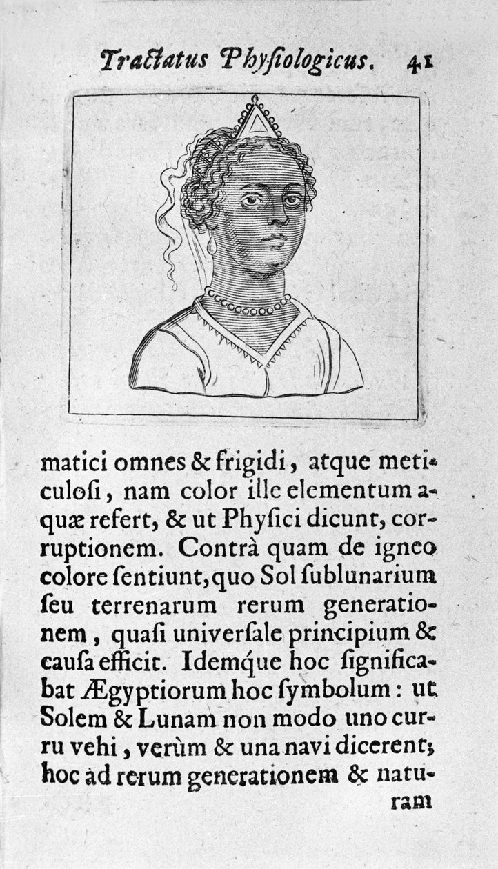 Egy nőnek fekete bőre van. A „Tractatus physiologicus de pulchritudine”” című oldal Ernesto Venióval (Ernestus Vaenius) foglalkozik, aki megvédi a teremtés szépségét egy névtelen ellenféllel szemben. 1612 alkotó: Unknown artist