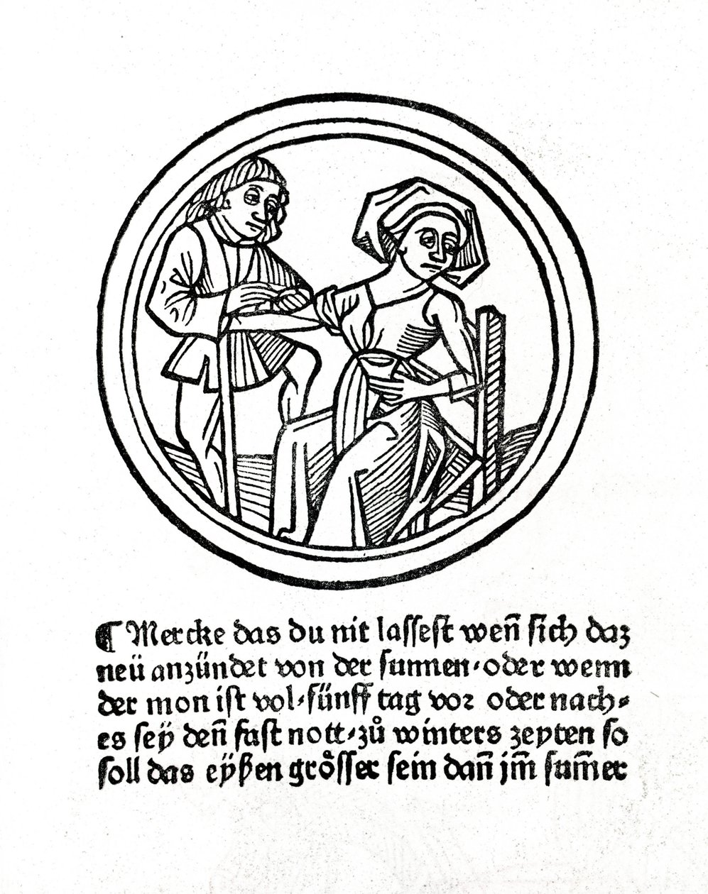 Egy nő vérzik. Xilográfia a „Buch de Surgery”-ben, Hyeronimus Braunschweig. Strasbourg 1497 alkotó: Unknown artist