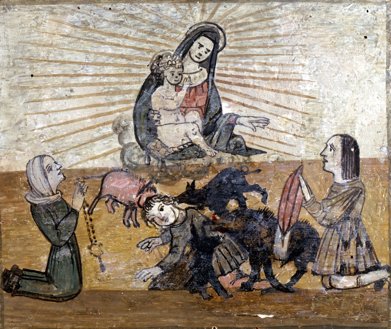 Egy fiatal fiút vaddisznók (vaddisznók) csoportja támadott meg. Ex voto a 16. századi Madonna del Monte szentély Cesena (Forlí) közelében. alkotó: Unknown artist