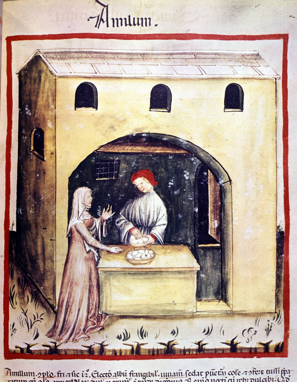 Egy fiatal nő tojást vásárol egy kereskedőtől. Megvilágítás az orvostudomány és a dietetika fejéséből "" Tacuinum sanitatis"" alkotó: Unknown artist