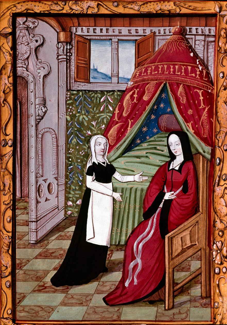 Egy fiatal nő valószínűleg Louise Laval (meghalt 1480-ban) a hálószobájában miniatűr szolgájával, akit a "" Histoire de Jean III de Brush et de sa femme Louise de Laval"-ból vettek át" (ms. 1475, fol. 10r) Chantilly, musee Conde alkotó: Unknown artist
