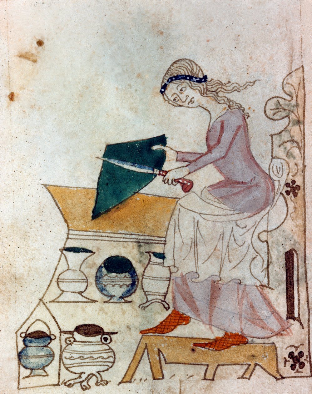 Egy fiatal nő kést élez. Miniatűr „” Dis des philosophes” típusú provence-i kéziratból” (MS Palat. 586) 14. századi Biblioteca Nazionale Florence alkotó: Unknown artist