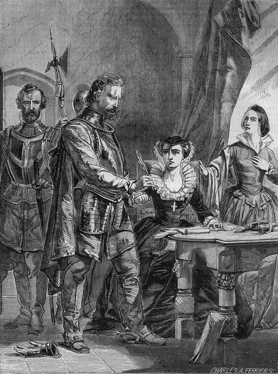 I. Stuart Mária (1542-1587), Skócia és Franciaország királynője (1559-1560) lemondását. Metszet 1861-ből. alkotó: Unknown artist